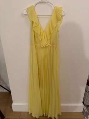 Zara Yellow Pleated V-Neck Ruffle Maxi Dress